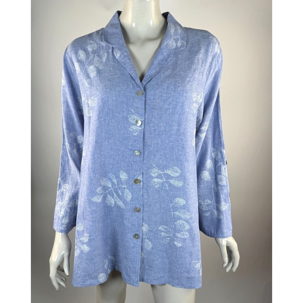 Habitat Linen Button-Down Shirt Women XL EUC Long Sleeve Collared Tunic Top Blue